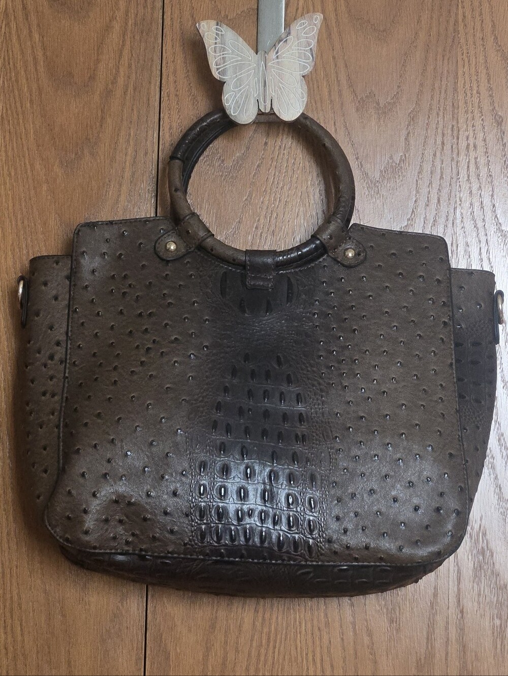 Brown Ostrich Embossed Tote Bag Matching Wallet Croc Texture Satchel - Picture 5 of 13